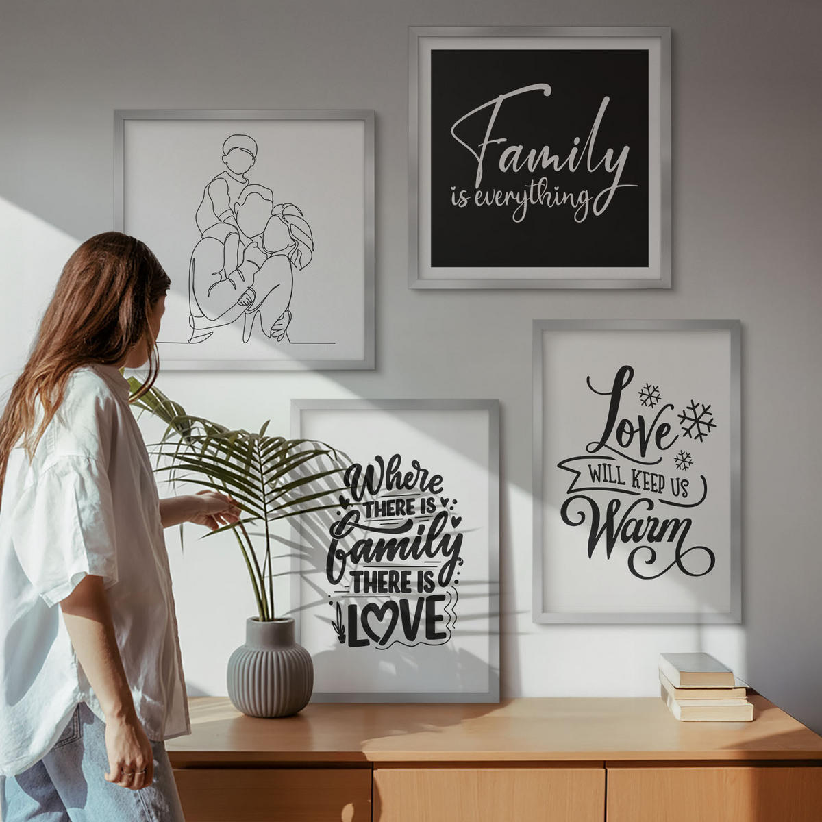 WANDBILDER 4er Set - 50x50 cm & 40x60 cm Silberner Rahmen - Familie, Liebe, Wärme, Zuhause - Silberfarben, Kunststoff (50/50cm) - ArtPrintCave
