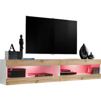 WOHNWAND 2-er Set, TIVOLI SET4 mit mehrfarbige LED RGB Beleuchtung Weiß + Wotan, Offener Raum - Eiche Wotan, Glas/Holzwerkstoff (200/41/35cm) - Komodee