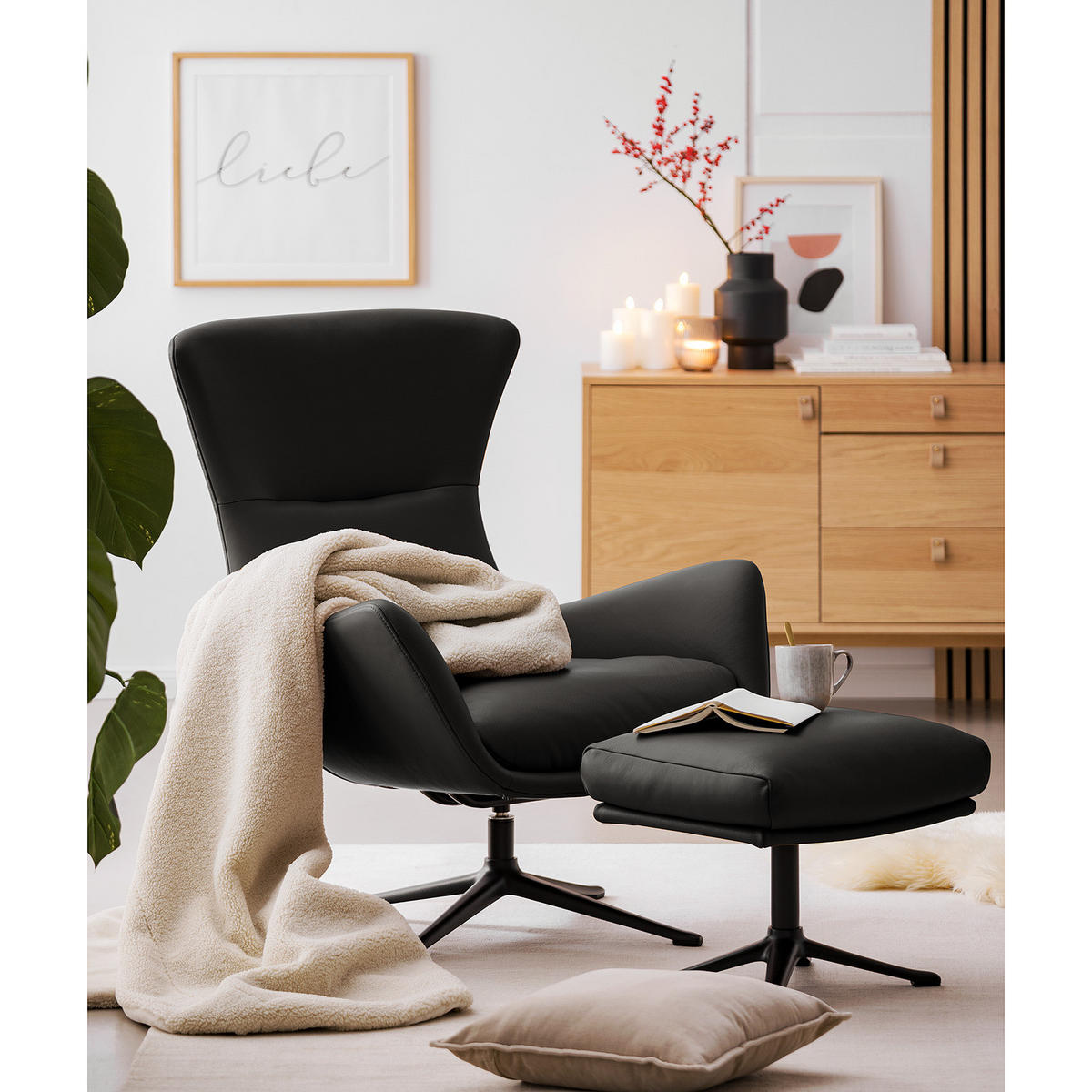 HOCKER mit Kreuzfuß - Schwarz, Leder/Metall (54/41/41cm) - home24