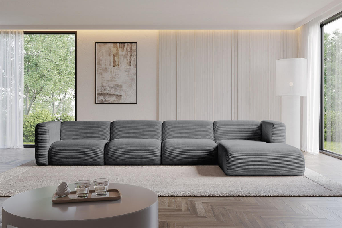 ECKSOFA Ottomane Rechts MIRA-L3 409x179x70 Dunkelgrau Cord - Dunkelgrau/Schwarz, Holzwerkstoff/Kunststoff (409/179cm) - ALTDECOR