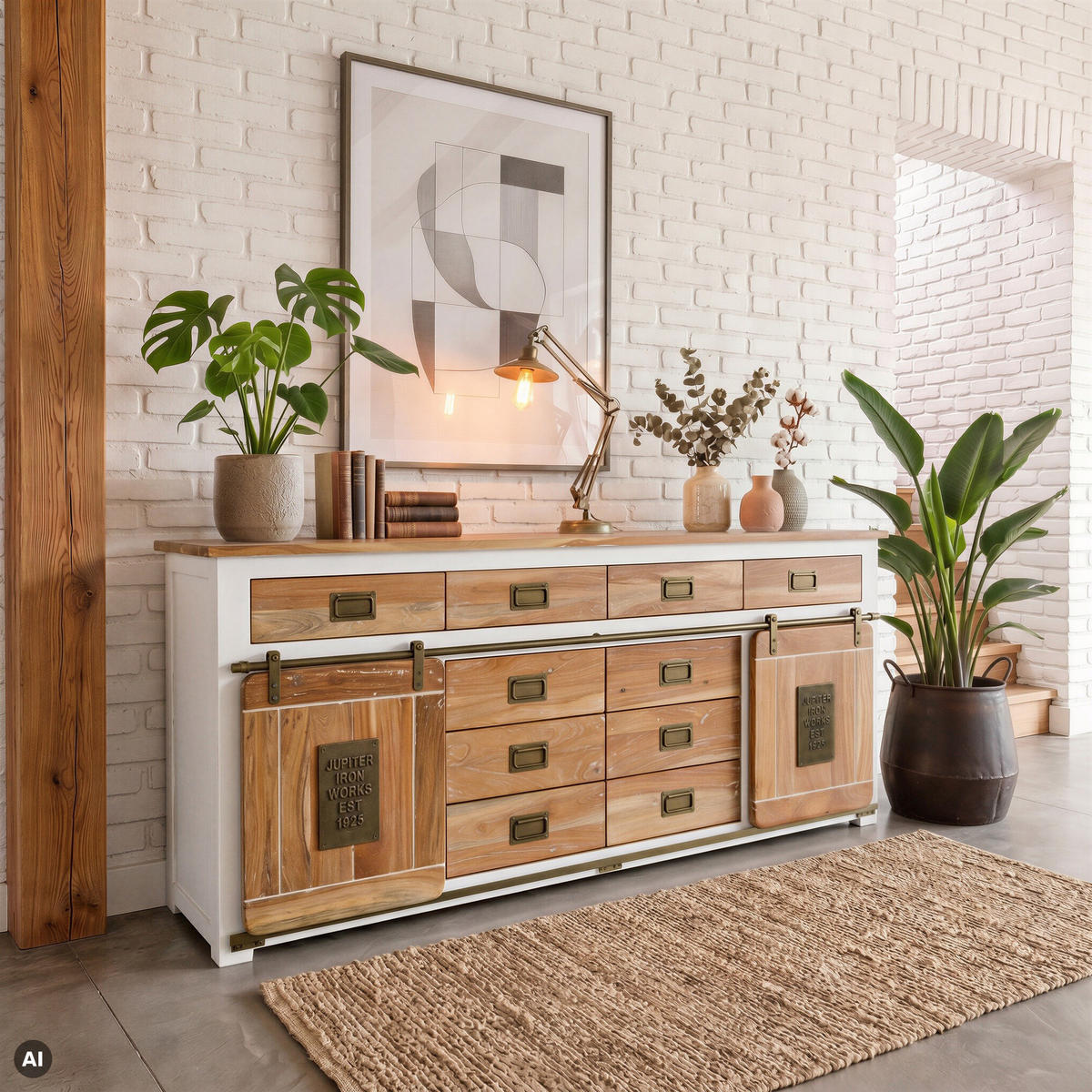 SIDEBOARD Mango 200x45x90 weiß lackiert RAILWAY #522 - Weiß, Holz (200/90/45cm) - Massivmoebel24