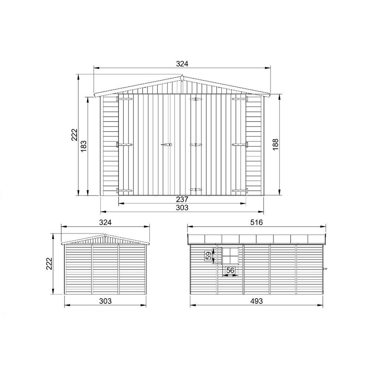 LESENA garaža 15 m² - H222x516x324 cm - Panelna konstrukcija - M101 - naravne barve, les (303/183/493cm) - Timbela