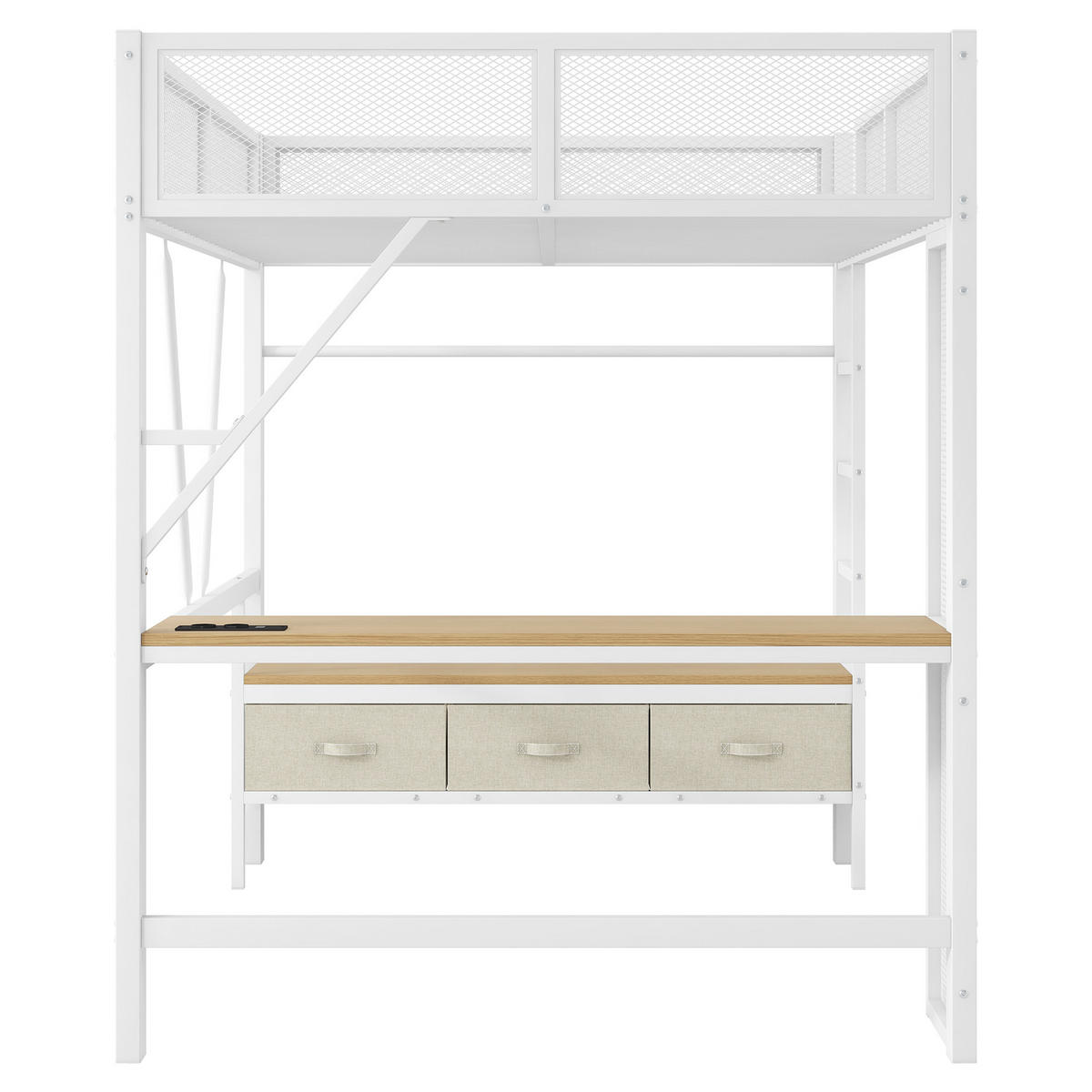 HOCHBETT 140/200 cm DE-03415, mit LED, Schreibtisch, offenem Kleiderschrank und 3 Schubladen, in Weiß - Weiß, Holzwerkstoff/Metall (140/200cm) - ComfortXL