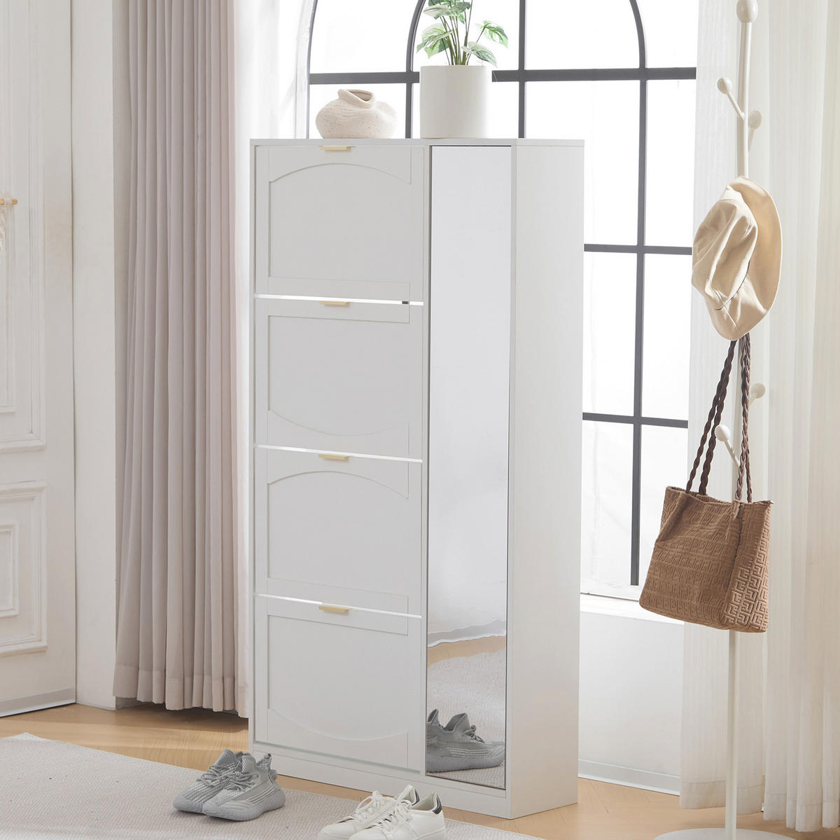 SCHUHSCHRANK 80/24/147 cm in Weiß mit Spiegel und 4 Klappen - Weiß, Holzwerkstoff (80/147/24cm) - Flora Grace