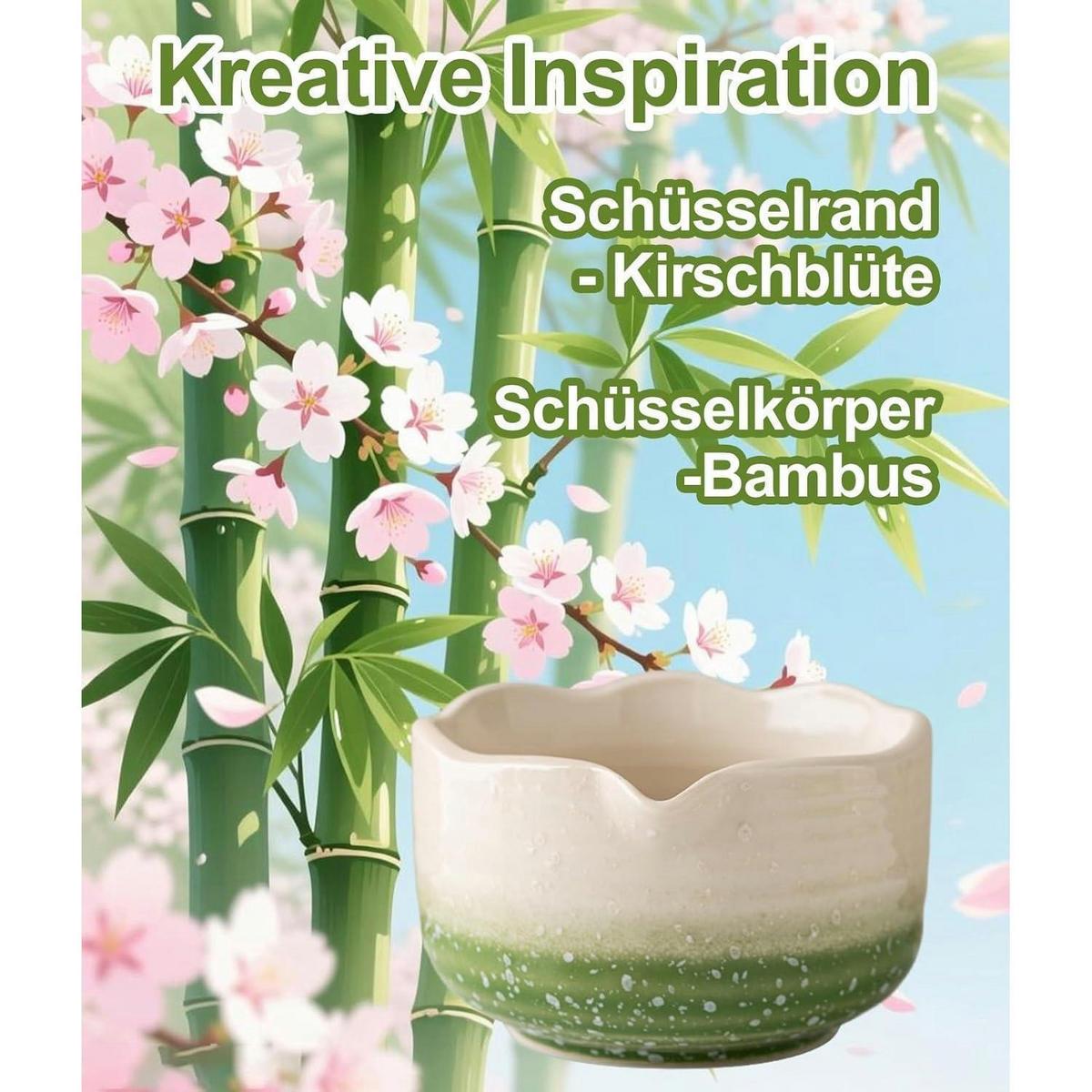 MATCHA Set 7-teiliges Set Bambus Besen Keramik Schale mit Ausgießer Grün Gradient - Grün, Keramik (15/10/15cm)