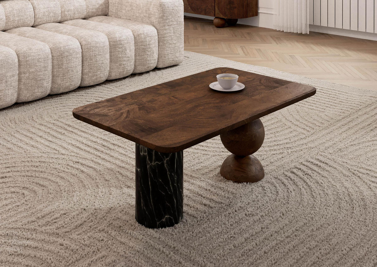 COUCHTISCH Mango 100x60x45 dunkelbraun lackiert / Marmor schwarz FLORENZ #205 - Dunkelbraun, Holz (100/60/45cm) - Massivmoebel24