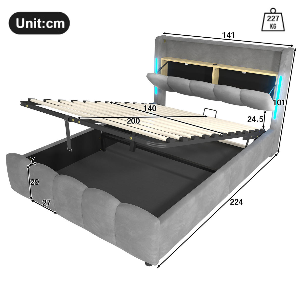POLSTERBETT 140x200cm Grau Samt LED-Licht Kopfteil Hydraulik USB-C - Grau, Holz (140/200cm) - FLIEKS