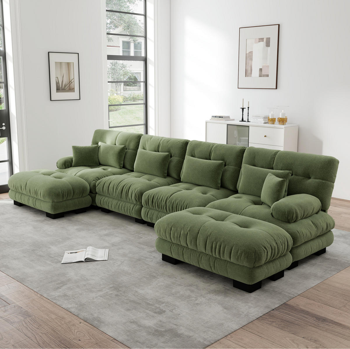 SOFA modular Chenille Green mit beweglichen Ottomans - Grün, Kunststoff (145/81/406cm) - Meubliv