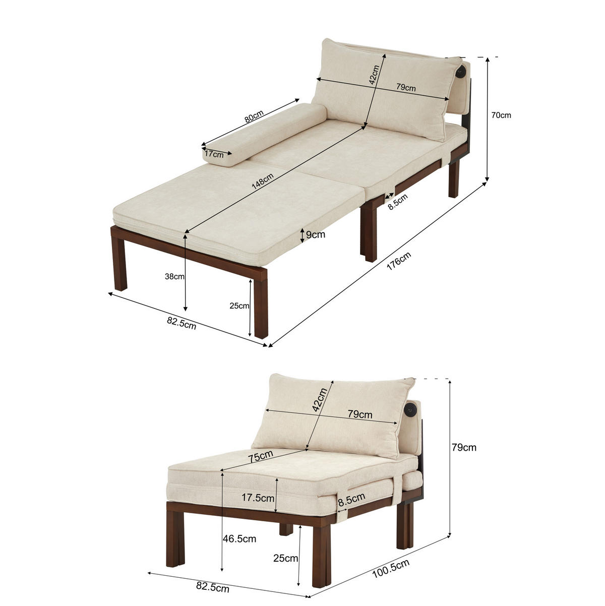 SCHLAFSESSEL mit Schlaffunktion, ausziehbar mit USB- und Type-C-Anschluss, platzsparendes 2-in-1-Design, Beige - Beige, Textil (82/79/176cm) - Redom