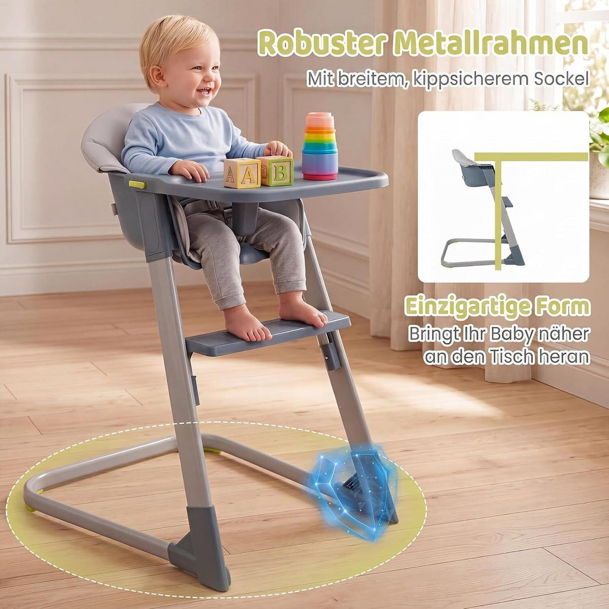 BABYHOCHSTUHL mit abnehmbarem Tablett & Sitzkissen grau - Grau, Metall (62/86/58cm) - COSTWAY