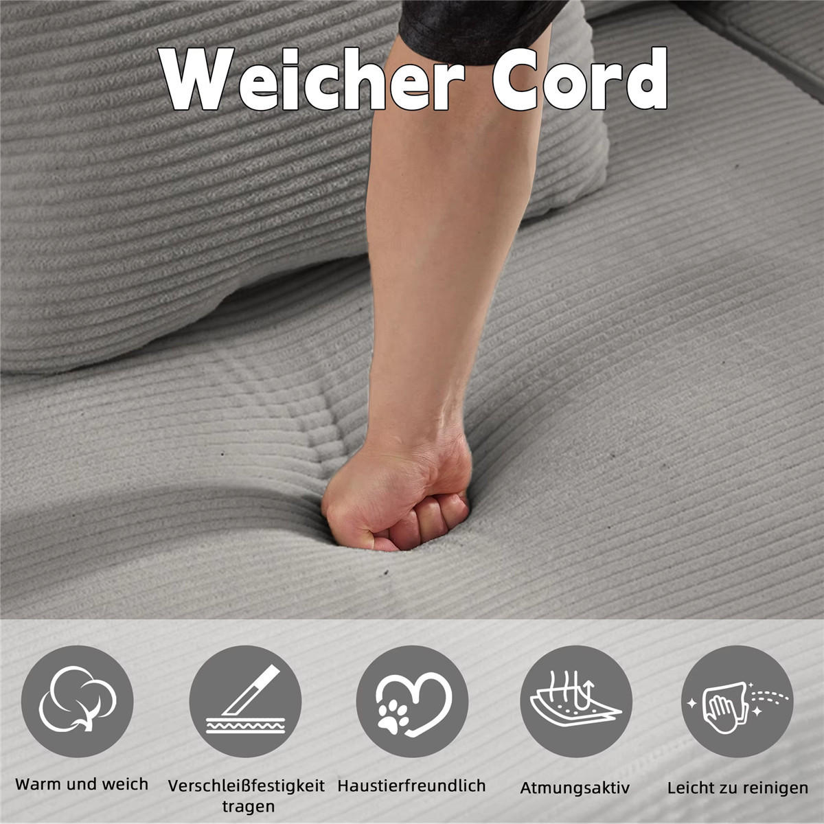 SCHLAFSOFA 3-Sitzer Cord mit Bettfunktion, faltbares Sofa - Grau, Textil (300/63/100cm) - Kaket