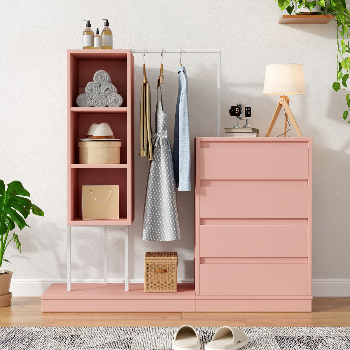 KLEIDERSCHRANK Rosa Set Sideboard Kleiderstange 140cm Modern - Pink, Holzwerkstoff (140/135/40cm) - FLIEKS