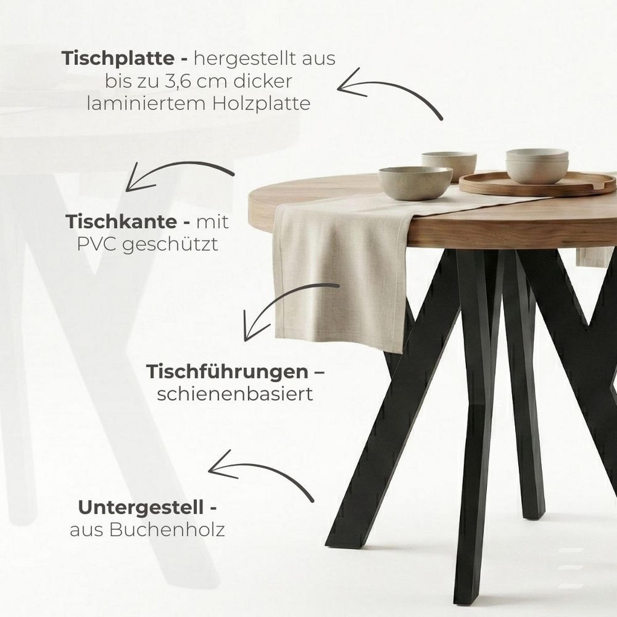 ESSTISCH Runder Ausziehbarer PERO 90/190, Weiß / Schwarz - Schwarz/Weiß, Holz (190/90/77cm) - Dekori_Interiors