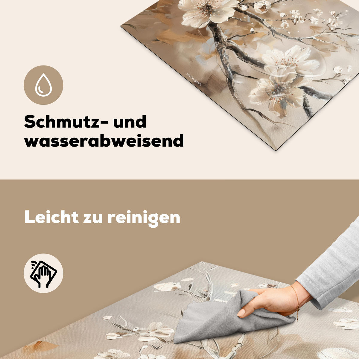 HERDABDECKPLATTE Blumen - Abstrakt - Gemalt - Beige 65x52 cm - Beige, Kunststoff (65/52/0.2cm) - MuchoWow