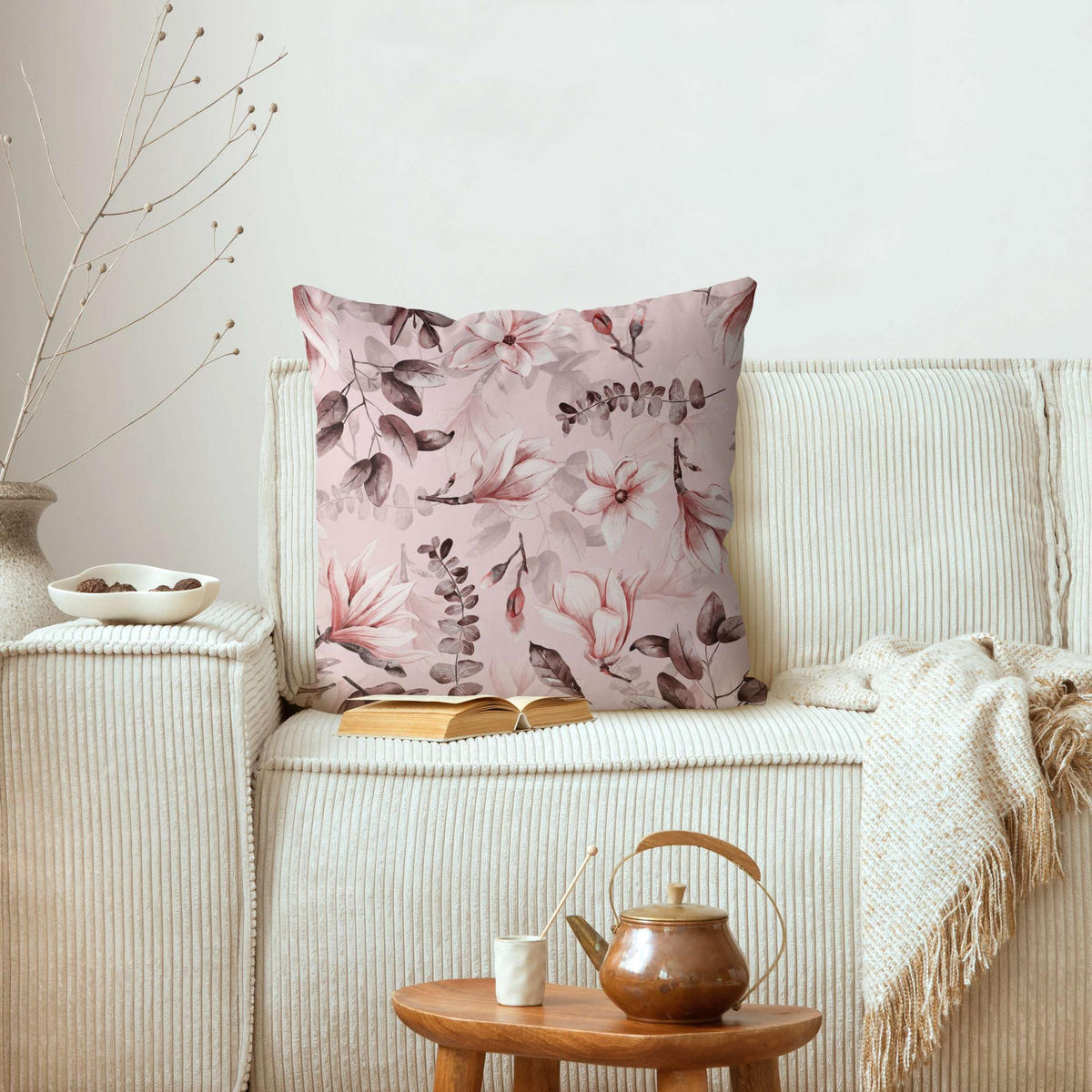 KISSENBEZUG Blüten mit Grauen Blättern vor Rosa 40/40 cm - Rosa, Textil (40/40cm) - Bilderwelten