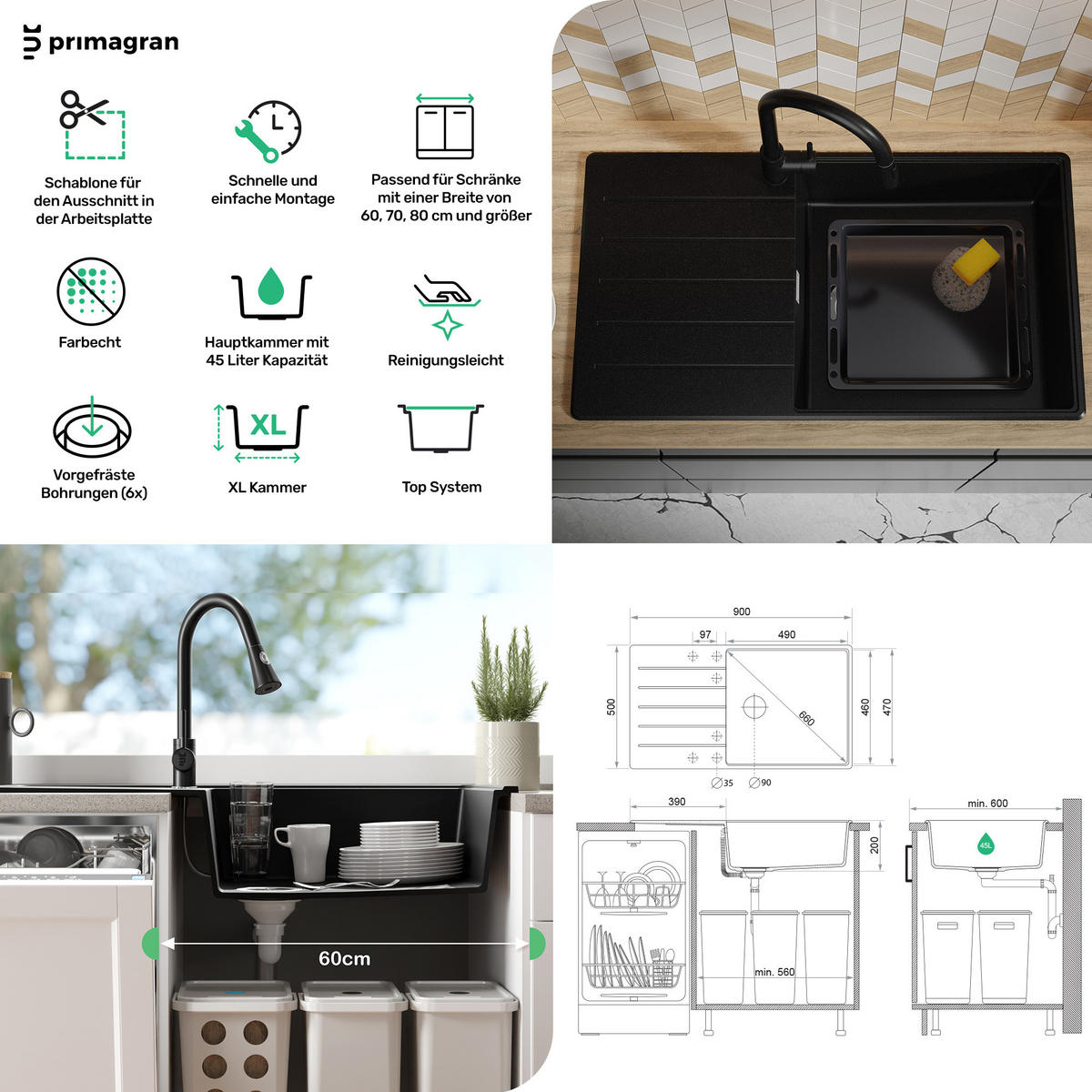 SPÜLBECKEN Kopenhagen, 2-er set Weiß 90/50 cm 1 Becken + Ablauf-Set + Schneidebrett ab 60er Unterschrank - Chromfarben/Beige, Kunststoff (90/20/50cm) - Primagran