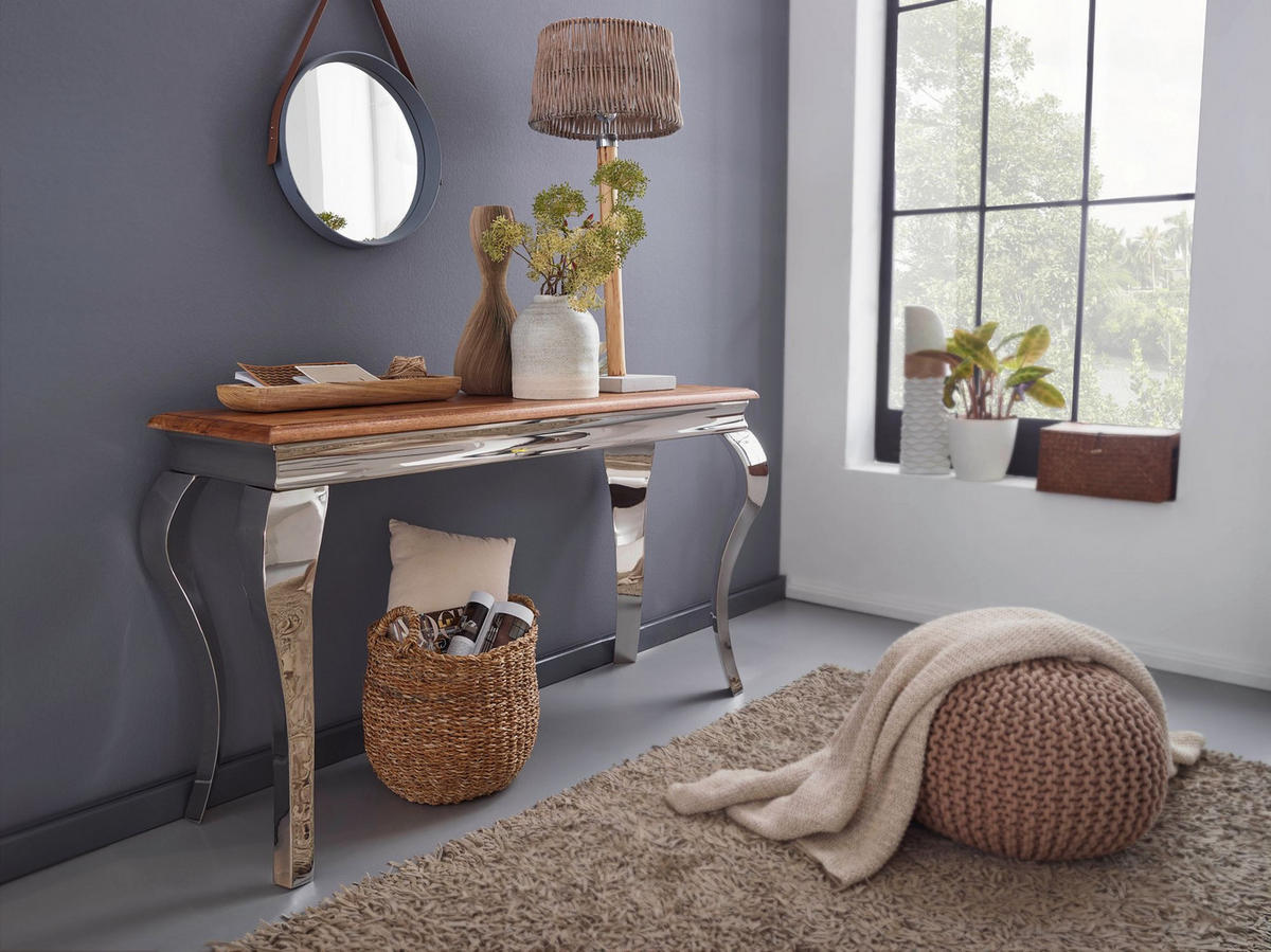 KONSOLENTISCH – Massivholz, 130 cm breit, silberne Beine, 2,5 cm Plattendicke - Silberfarben, Holz/Metall (42/130/76cm) - KADIMA DESIGN