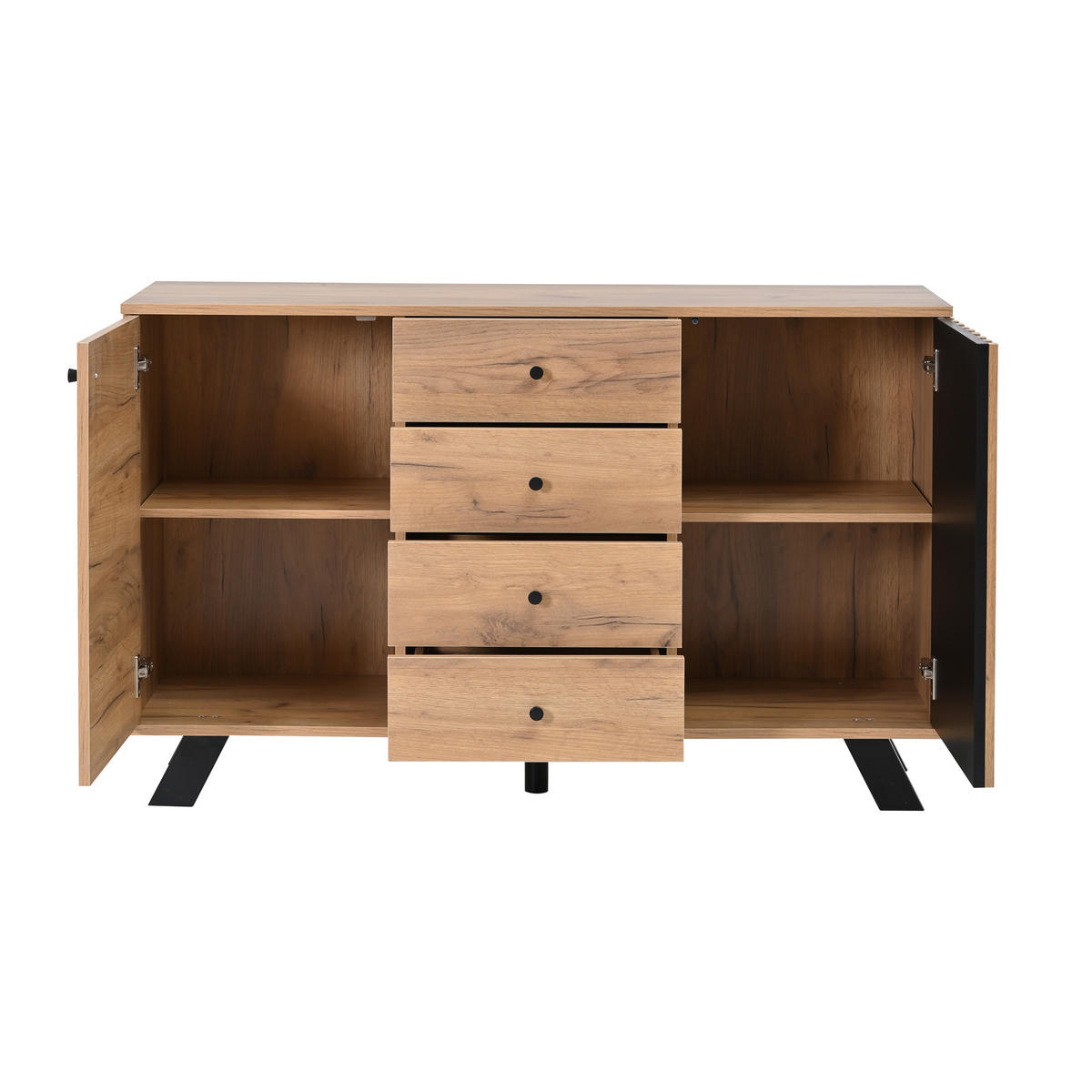 SIDEBOARD 2 Schränke, 4 Schubladen, Hohldekor, Holzfarbe & Schwarz 5 Massivholzbeine, Viel Stauraum - Sonoma Eiche, Holzwerkstoff (120/75/38cm) - Urban Meuble