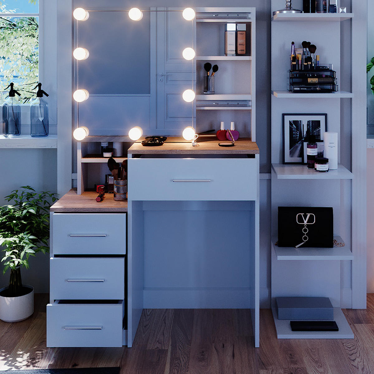 SCHMINKTISCH Conrada Weiß/Sonoma 80 cm mit LED Beleuchtung - Weiß/Sonoma Eiche, Holzwerkstoff (36/131.6/80cm) - Vicco