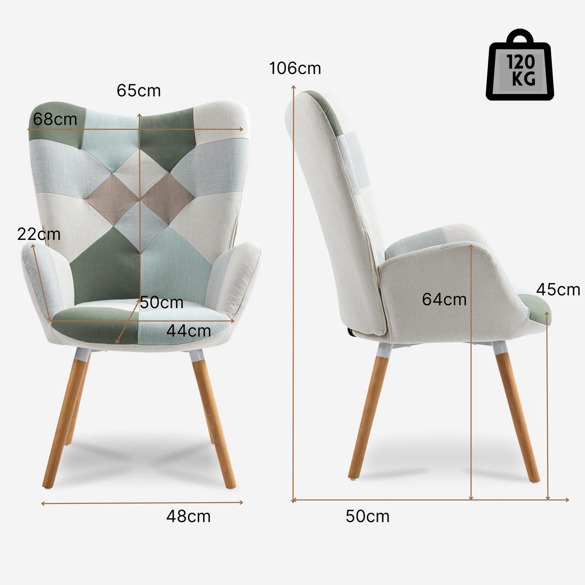 OHRENSESSEL in Webstoff, Multicoloured - Multicolor, Textil/Metall (65/106/50cm) - Meubles Cosy