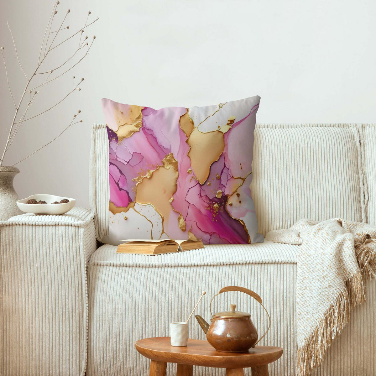 DEKOKISSEN Goldenes Farbspiel mit Pink 40/40 cm - Pink, Textil (40/40/10cm) - Bilderwelten