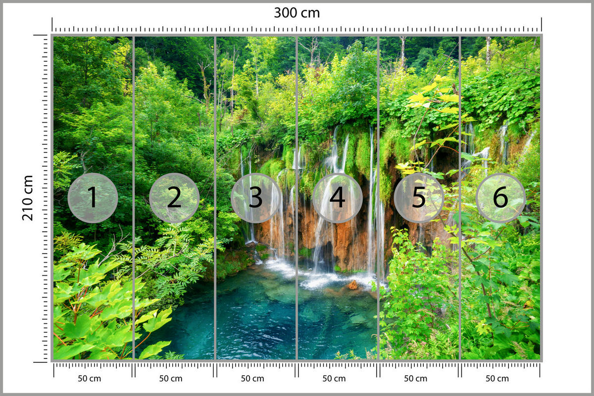 FOTOTAPETE für Esszimmer Exotischer Wasserfall Dschungelwald 300x210 - Türkis/Braun, Papier (300/210cm) - Muralo