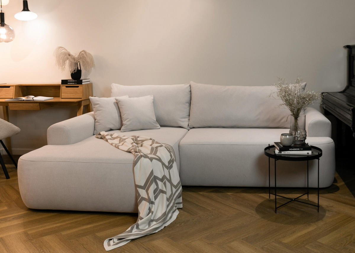 ECKSOFA Ovo Hellbeige Velours - Ecru/Schwarz, Kunststoff/Textil (260/165cm) - Selsey