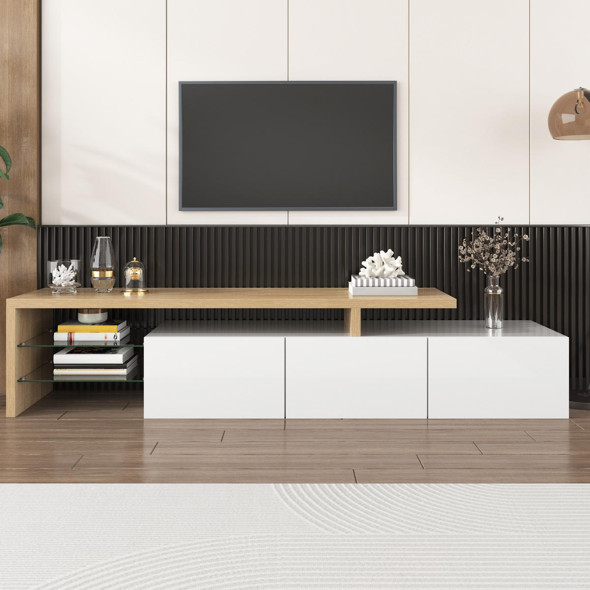 TV-ELEMENT 197,5 cm MDF Weiß Holzoptik mit LED-Beleuchtung und Glasböden - Weiß, Holzwerkstoff (39/42/197.5cm) - Korfee