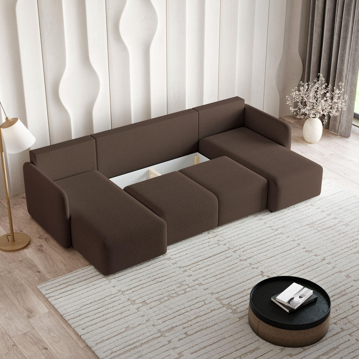 WOHNLANDSCHAFT NUBERO Braun Boucle-Stoff mit Schlaffunktion - Braun, Holz (285/85/143cm) - MASSENO