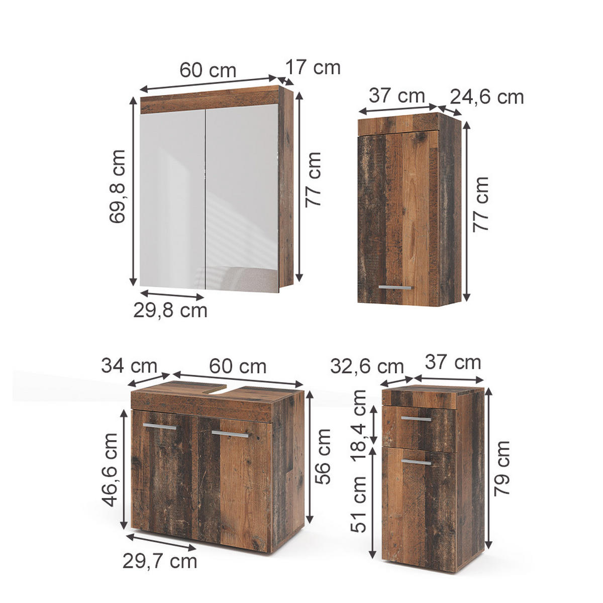 BADMÖBEL-SET Luna Oldstyle 4 Teile - Braun, Holzwerkstoff (60/56/34cm) - Vicco