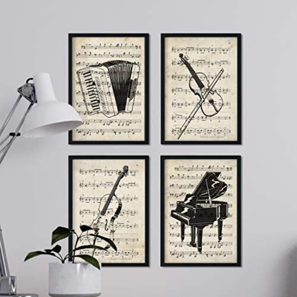 POSTER Set mit 4 Instrumente mit Noten Klavier, Geige, Cello, Akkordeon A4 Rahmenlos - Klar, Papier (29.7/3cm) - Nacnic