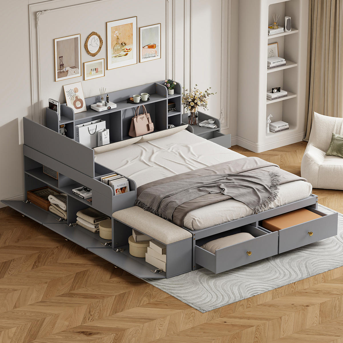 BETT mit Kopfteil 140/200 cm in Grau – mit Stauraum, Sideboard und inkl. Lattenrost - Grau, Holz (140/200cm) - BEAOK