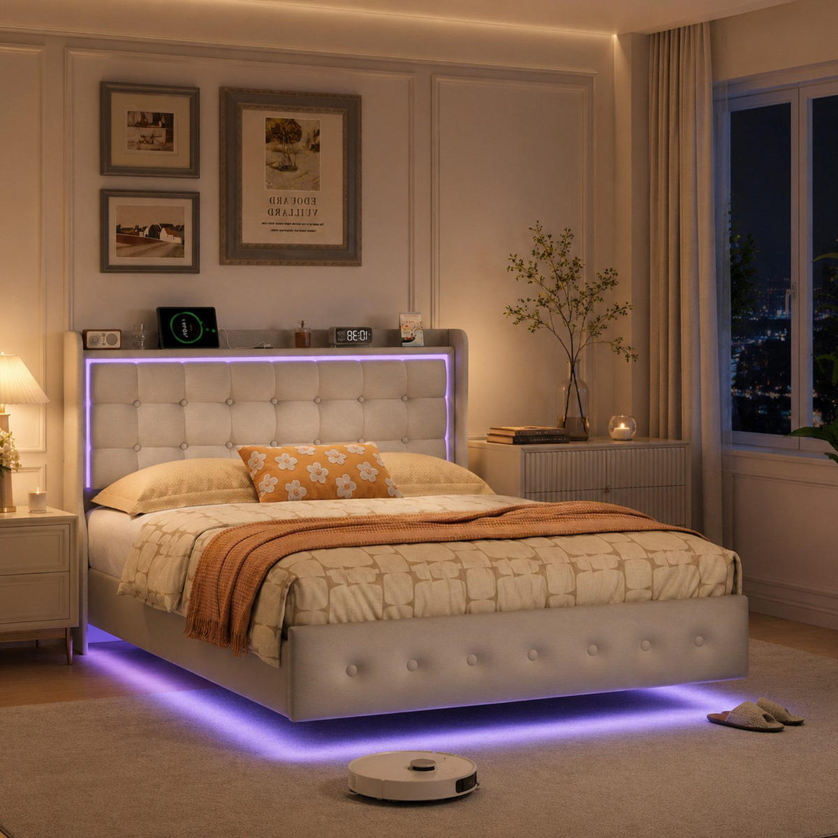 POLSTERBETT 140/200 cm weiß Samt mit RGB LED USB schwebend - Weiß, Holz