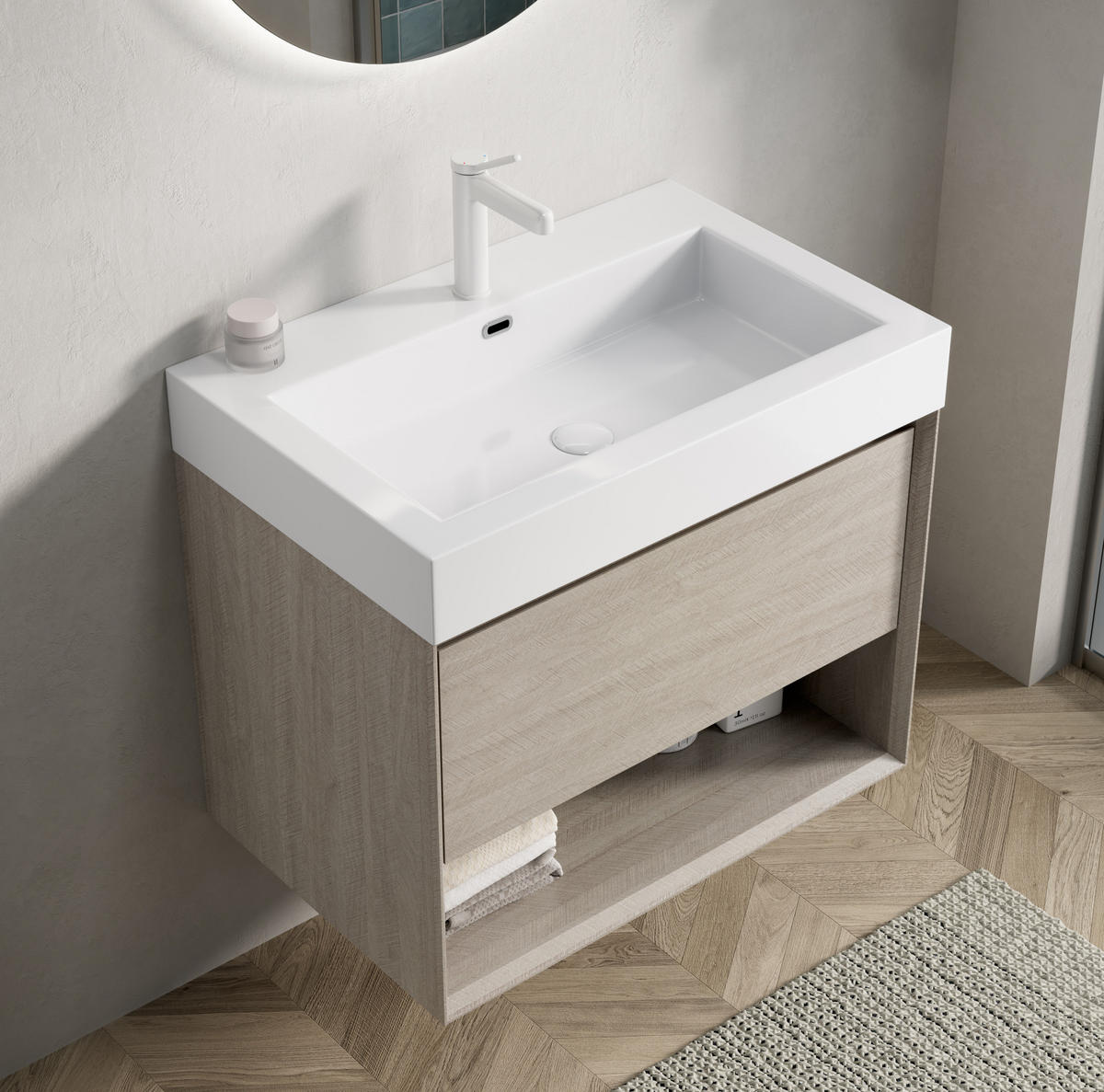 WASCHTISCHKOMBI 70x46x60cm Helle Eiche/Weiß mit Resinbecken & Massivholzfront - Eichefarben, Kunststoff (70/60/46cm) - Modfu