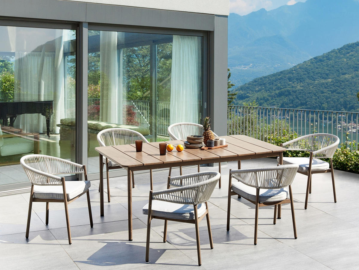 GARTENTISCH 6-Sitzer Dunkler Holzfarbton Flavia - Dunkelbraun, Metall (96/185/76cm) - Beliani