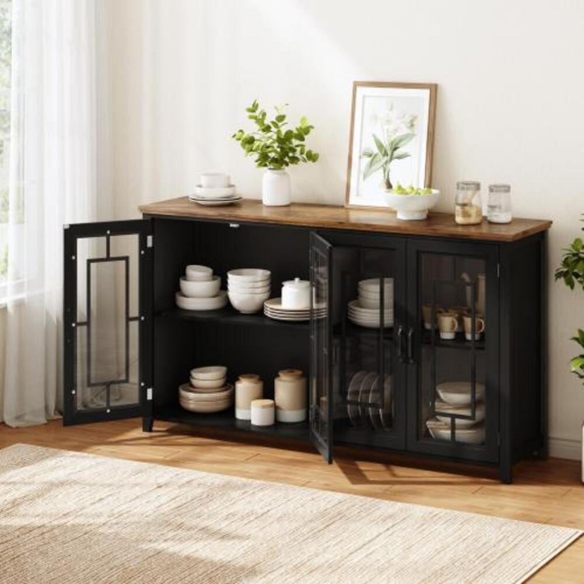 SIDEBOARD Schwarz aus MDF mit Retro-Holzmaserung-Platte 160 × 40 × 86 cm - Schwarz, Holzwerkstoff (160/86/40cm) - Luhomfu