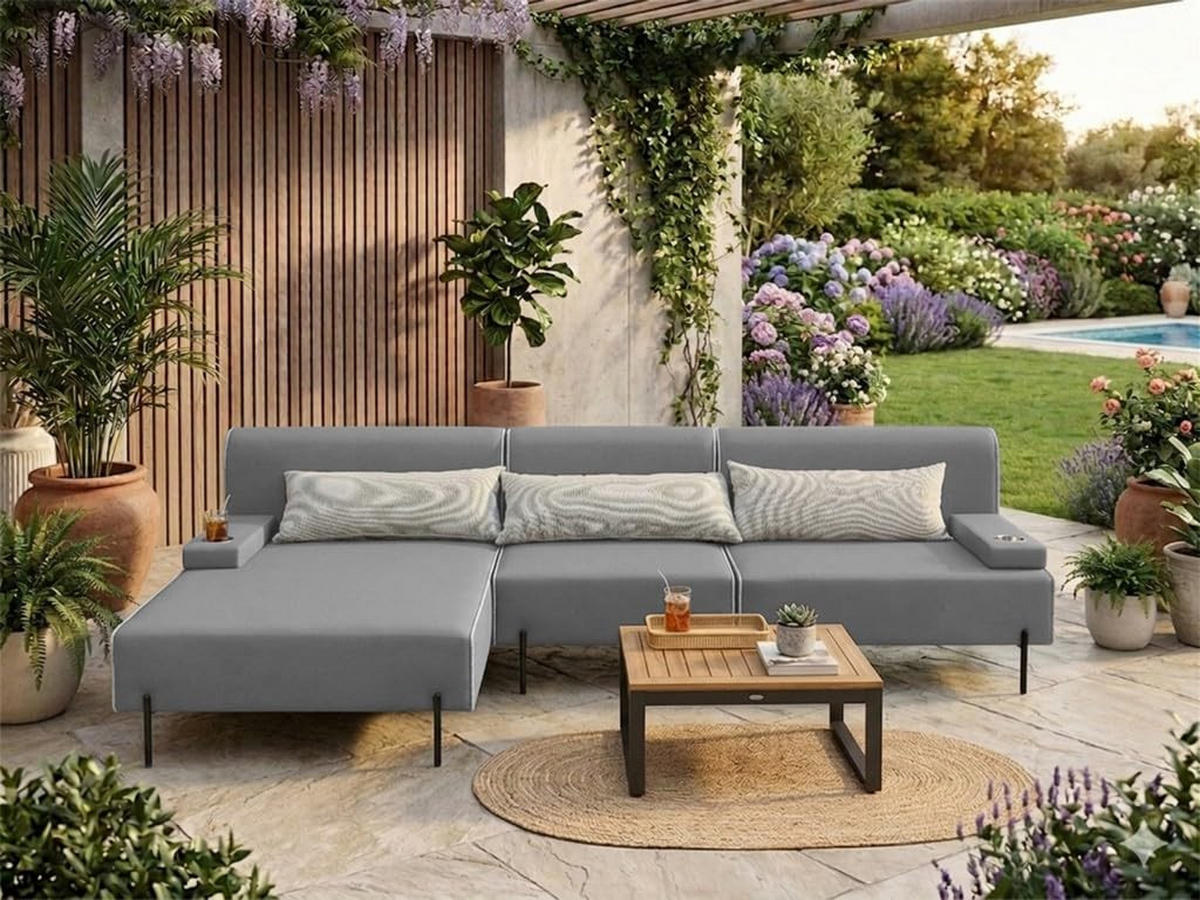 GARTENSOFA BORNEO S Wetterfest 300x170x86 cm, Links, Solide Konstruktion, HR-Schaumfüllung, Wetterfeste Bezugstoff, Grau - Grau, Holz/Metall (300/86/170cm) - Trada