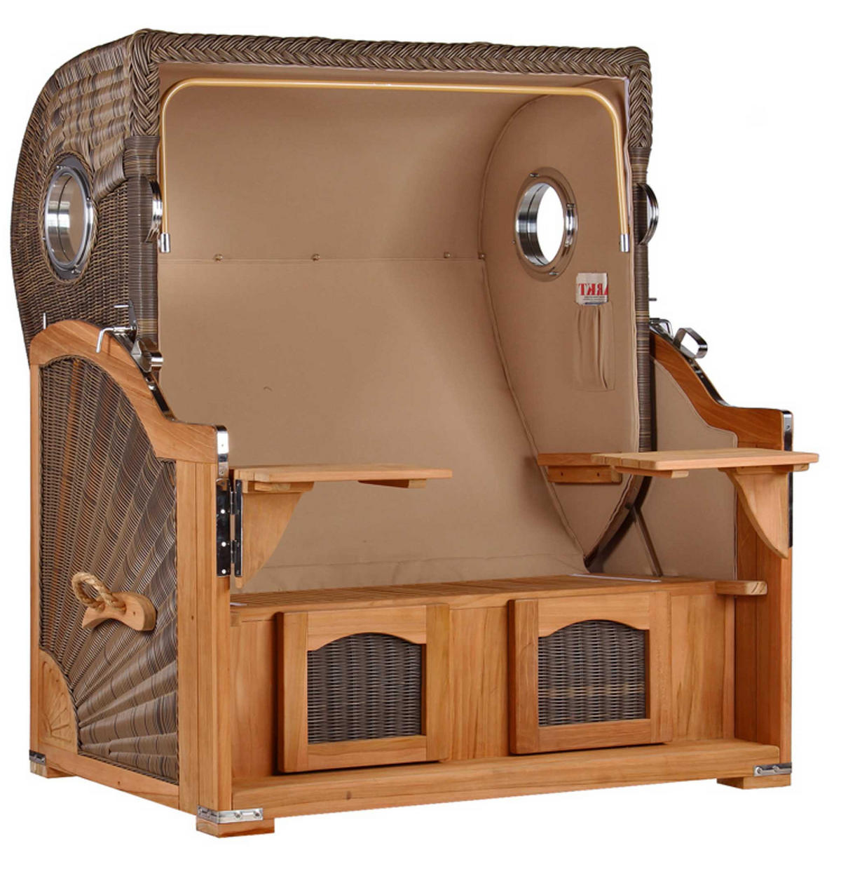 STRANDKORB Düne Grande Bullauge Teak PE Grey Dessin 593 - Blau/Braun, Metall (142/170/95cm) - Mr. Deko