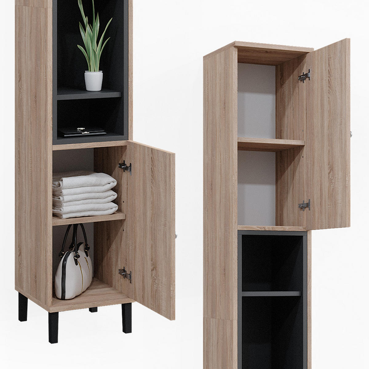 BADSCHRANK Aquis Braun 30 x 190 cm mit Türen, und offenen Fächern - Braun/Sonoma Eiche, Holzwerkstoff (30/190/30cm) - Vicco