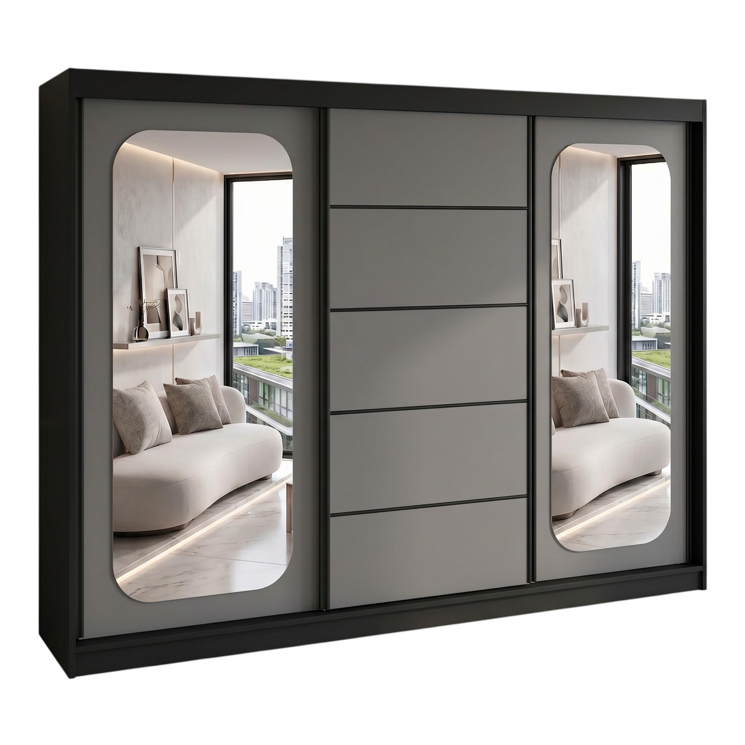 SCHWEBETÜRENSCHRANK BELANO 200 cm. Innenausstattung: Basic - Schwarz/Graphitfarben, Holzwerkstoff (200/215/59.5cm) - A&J MöbelLand