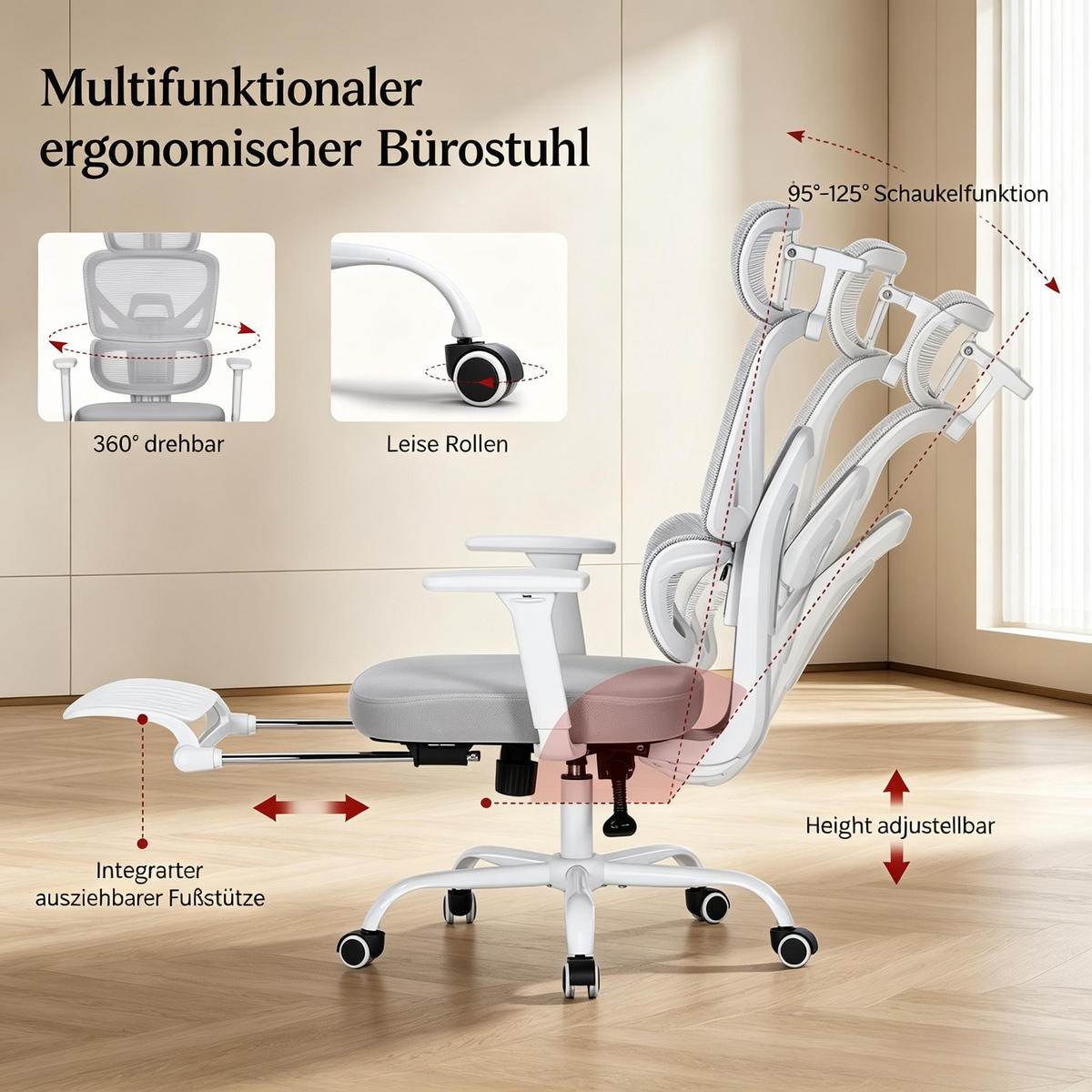 DREHSTUHL ergonomisch mit Fußstütze und 150 kg Tragfähigkeit - Grau, Leder (53/120/71.5cm) - Gisaae