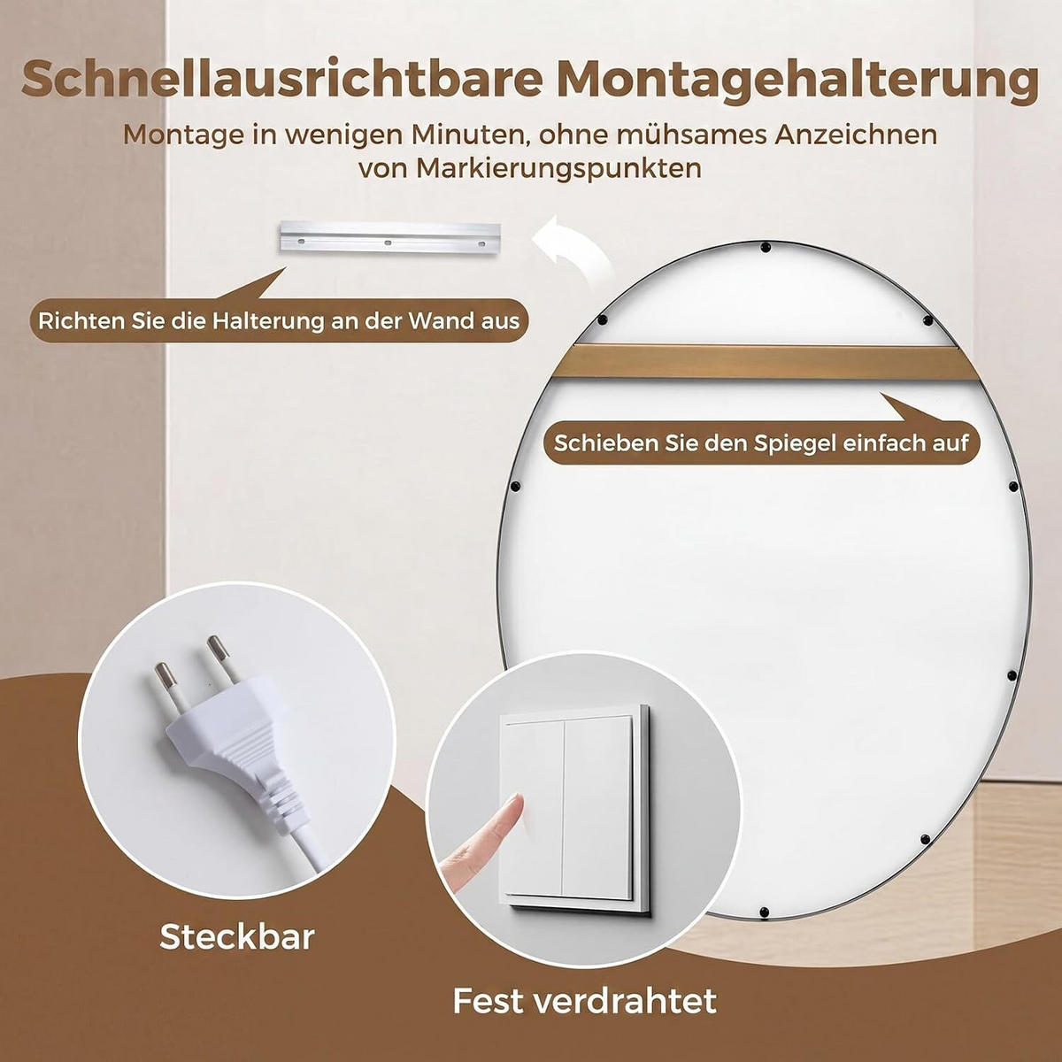 BADEZIMMERSPIEGEL oval golden - Goldfarben, Glas (50/60/4cm) - COSTWAY