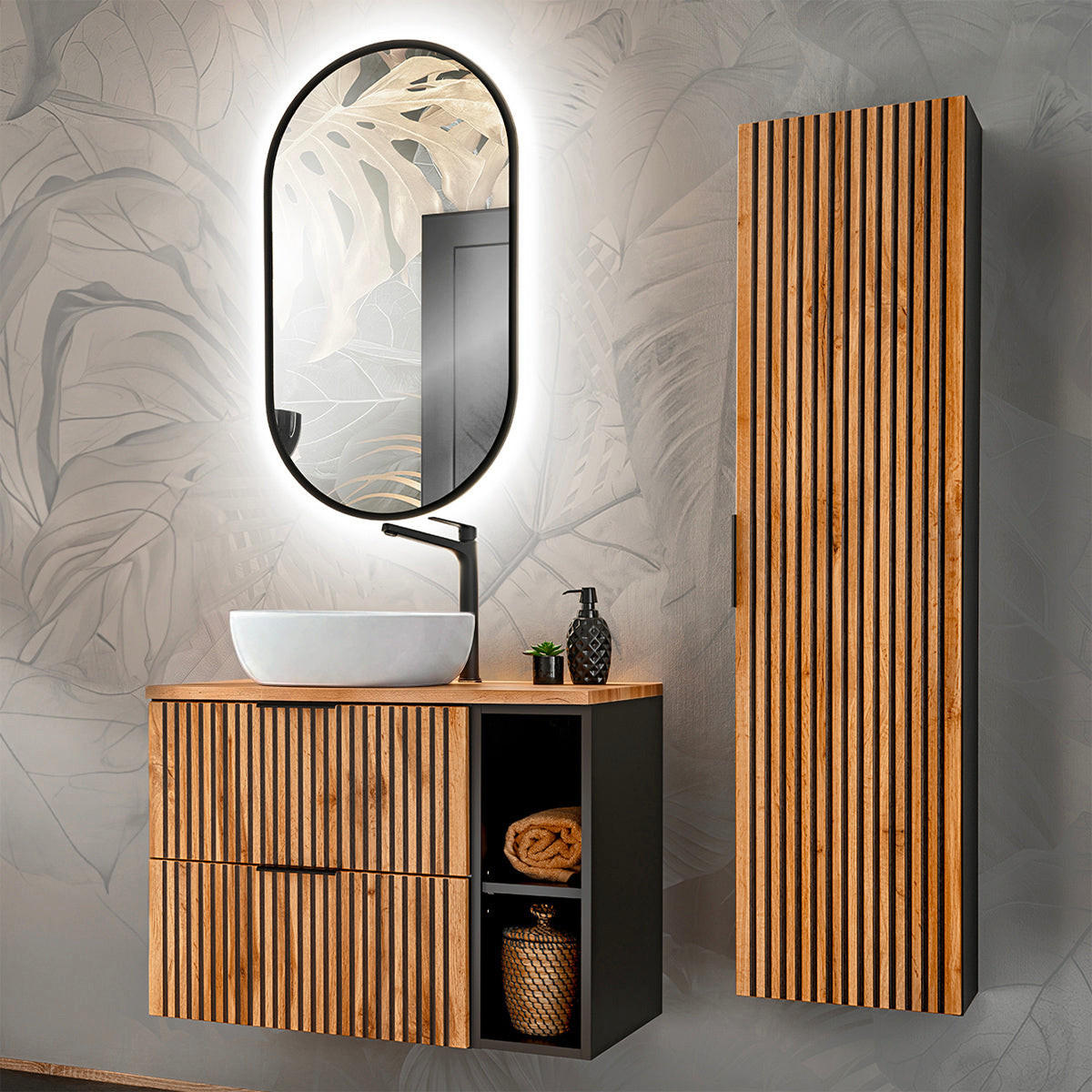 BADMÖBEL 80.6cm Gaia 2er-Set Holz in Eichenoptik und Schwarz - Schwarz, Holzwerkstoff (80.6/59/46cm) - Petits-meubles