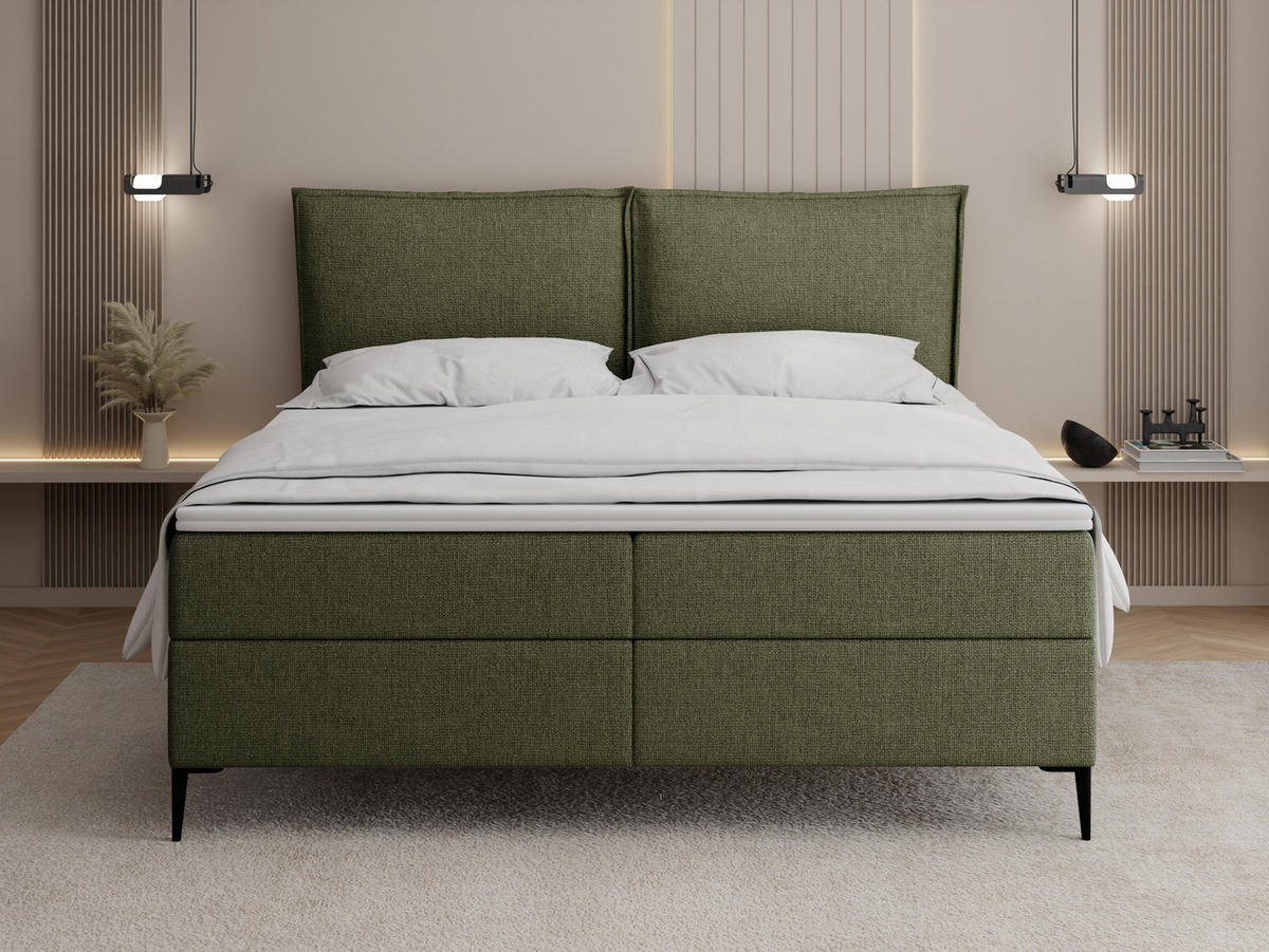 BOXBETT Calio Rise mit Bettkasten, Grün Chenille 120x200 cm – inkl. H4 Taschenfederkern Matratze & Foam Topper - Creme/Schwarz, Holz/Holzwerkstoff (120/200cm) - WFL GROUP