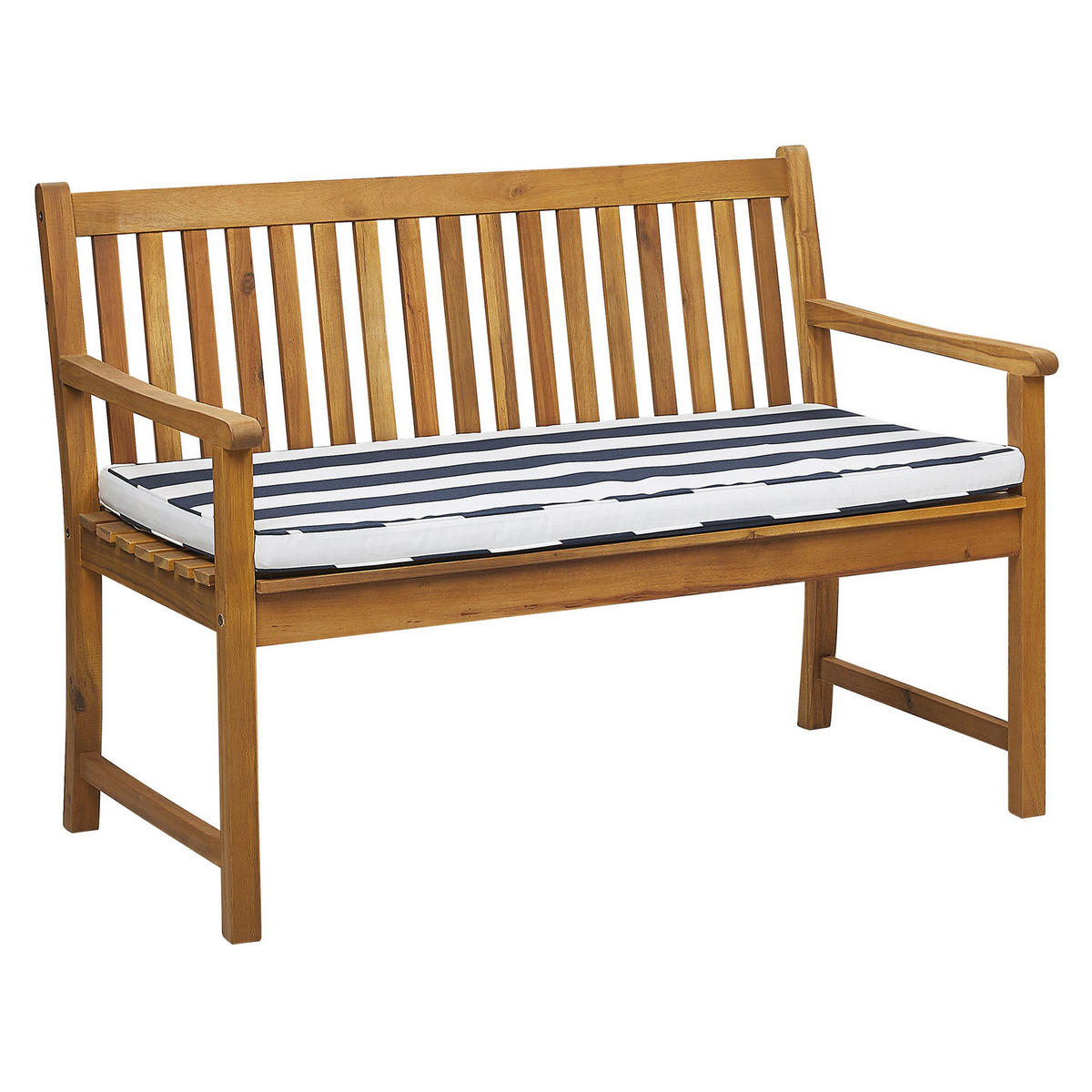 GARTENBANK zertifiziertes Holz hellbraun Auflage blau gestreift 120 cm Vivara - Hellbraun/Blau, Holz (120/88/61cm) - Beliani
