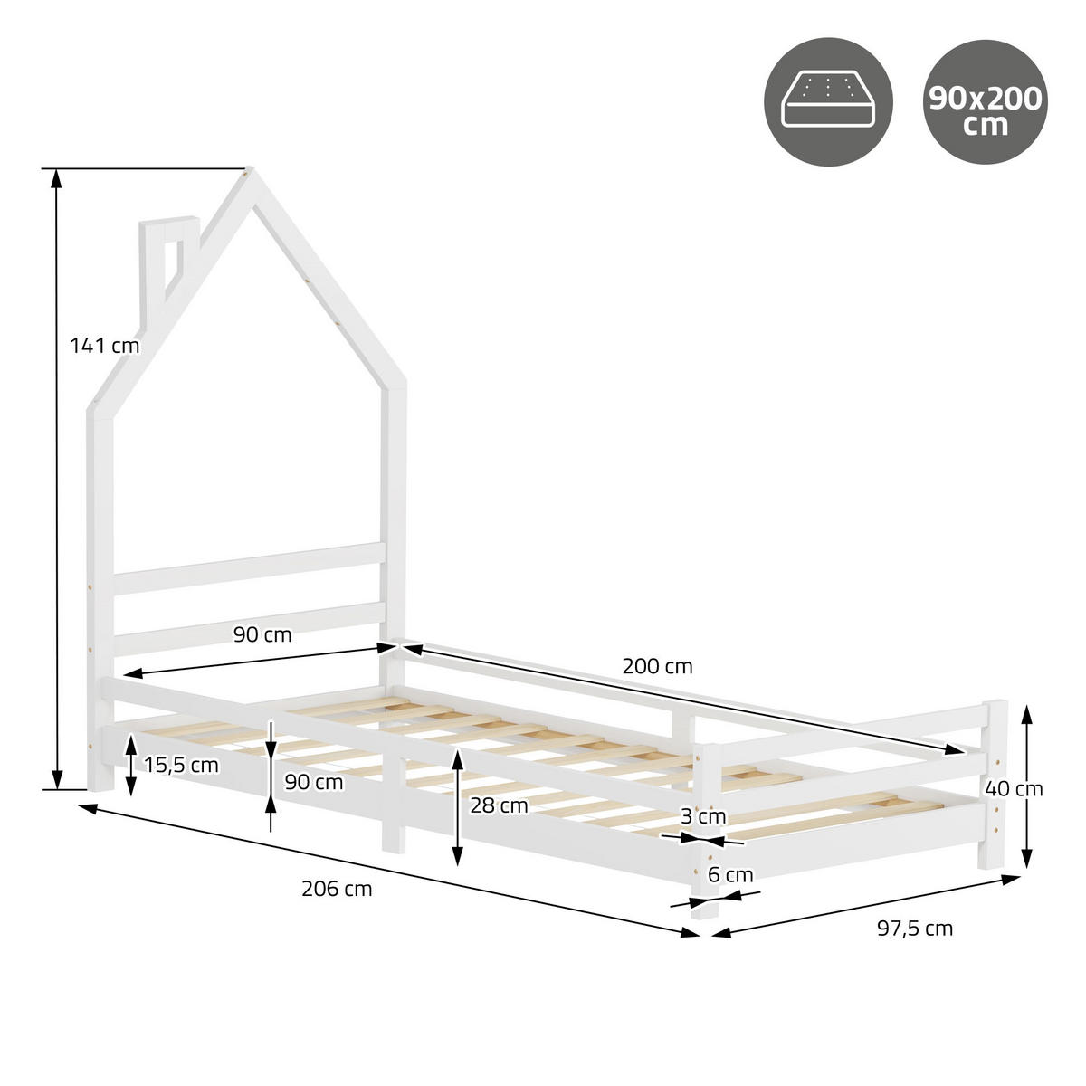 KINDERBETT Haus 90x200 cm Weiß - Weiß, Holz (90/200cm) - ML-DESIGN