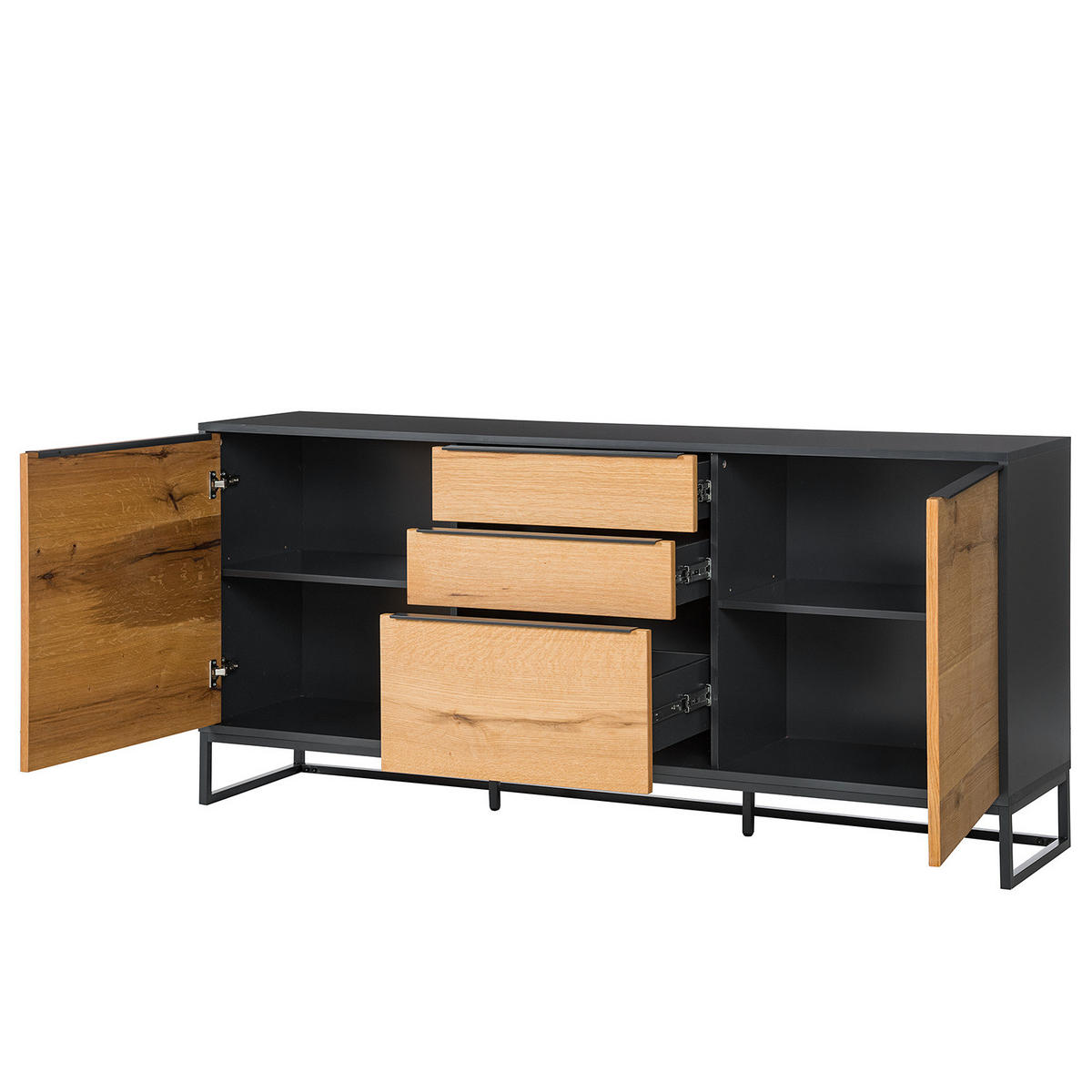 SIDEBOARD - Echtholzfurnier - Eiche / Anthrazit - Braun, Holzwerkstoff/Metall (184/85/40cm) - home24
