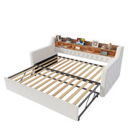 TAGESBETT 90/180x190 cm mit Ausziehbett & Stauraum, LED/USB-C, Samt, Beige - Beige, Holz (90/190cm) - LVHOM