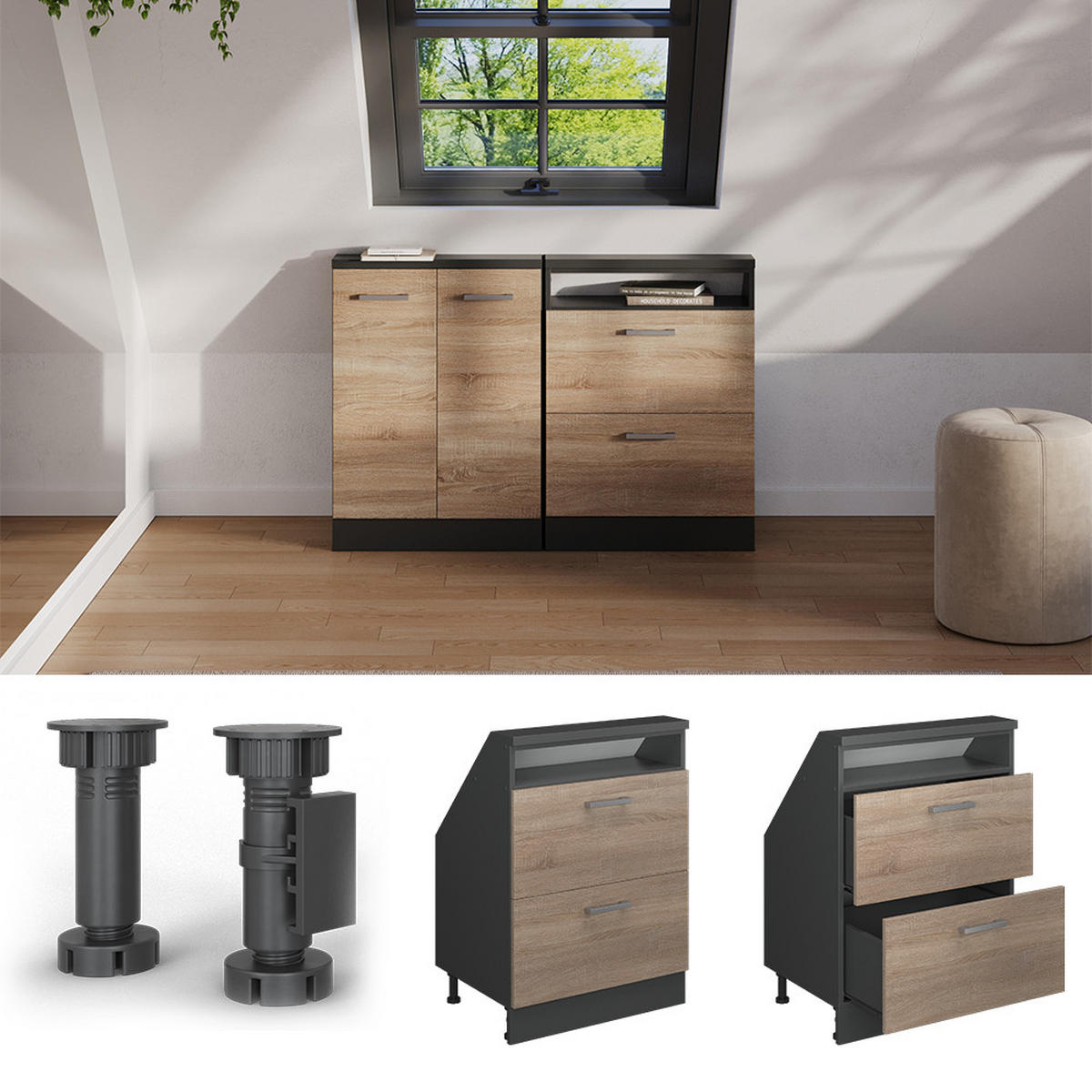 KUCHYŇSKÁ SKŘÍŇKA POD ŠIKMOU STŘECHU R-Line Sonoma/antracit - Sonoma dub/antracitová, kompozitní dřevo (60/81.6/46cm) - Vicco