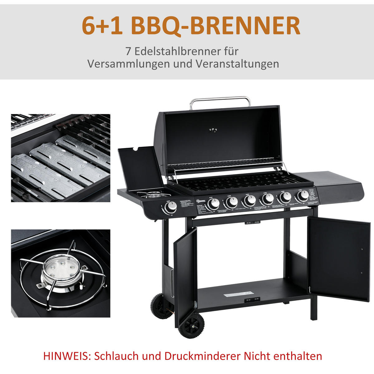 GASGRILL mit 6 Brennern 1 Seitenbrenner Schrank Multifunktion Metall Schwarz 135 x 50 x 100 cm - Schwarz, Metall (50/100/135cm) - Outsunny